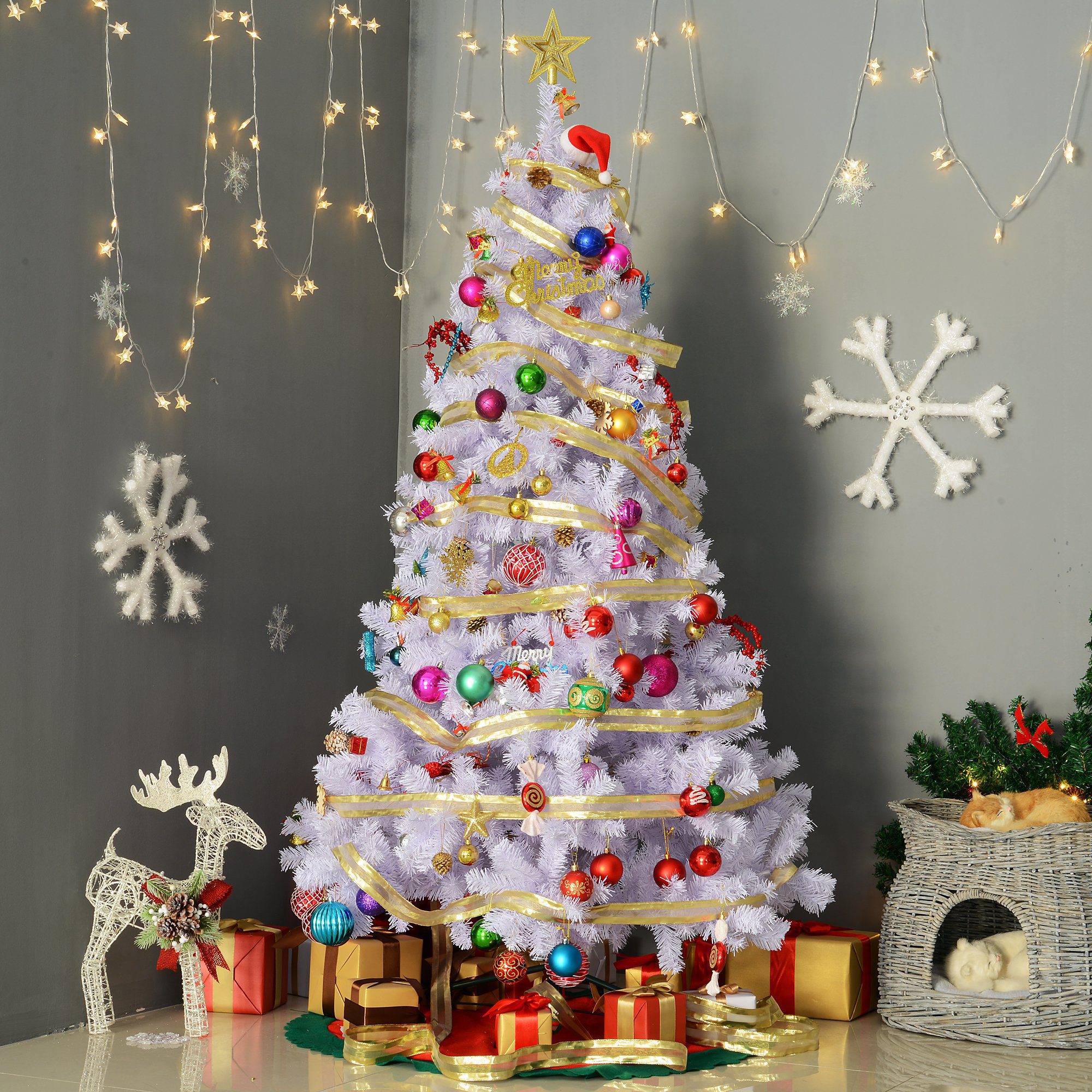 Árvore de natal artificial 180cm com 930 ramos de pvc 48 decorações  incluidas suporte metálico decoração de natal para interiores φ105x180cm  branco – ConforHome