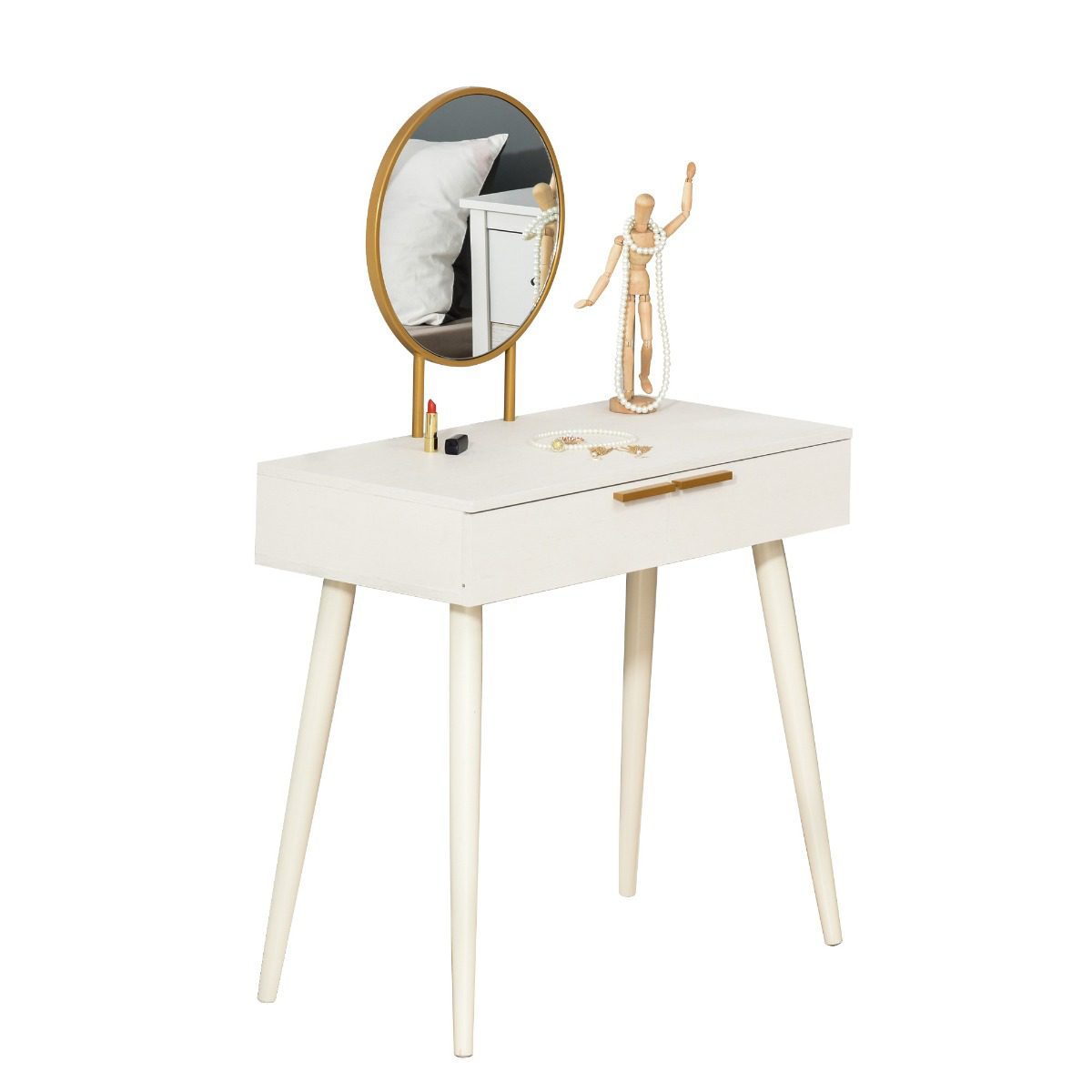 Penteadeira com espelho redondo Mesa de maquiagem com 2 gavetas Estilo  Moderno para 80x40x123 cm Branco