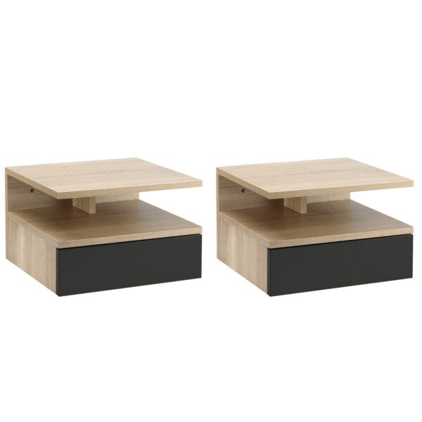 Conjunto de 2 mesas de cabeceira flutuante com 1 gaveta e prateleira aberta com desenho moderno montado na parede 35x32x22,5cm carvalho preto - Image 2