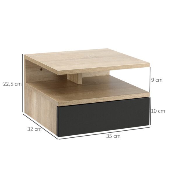 Conjunto de 2 mesas de cabeceira flutuante com 1 gaveta e prateleira aberta com desenho moderno montado na parede 35x32x22,5cm carvalho preto - Image 3