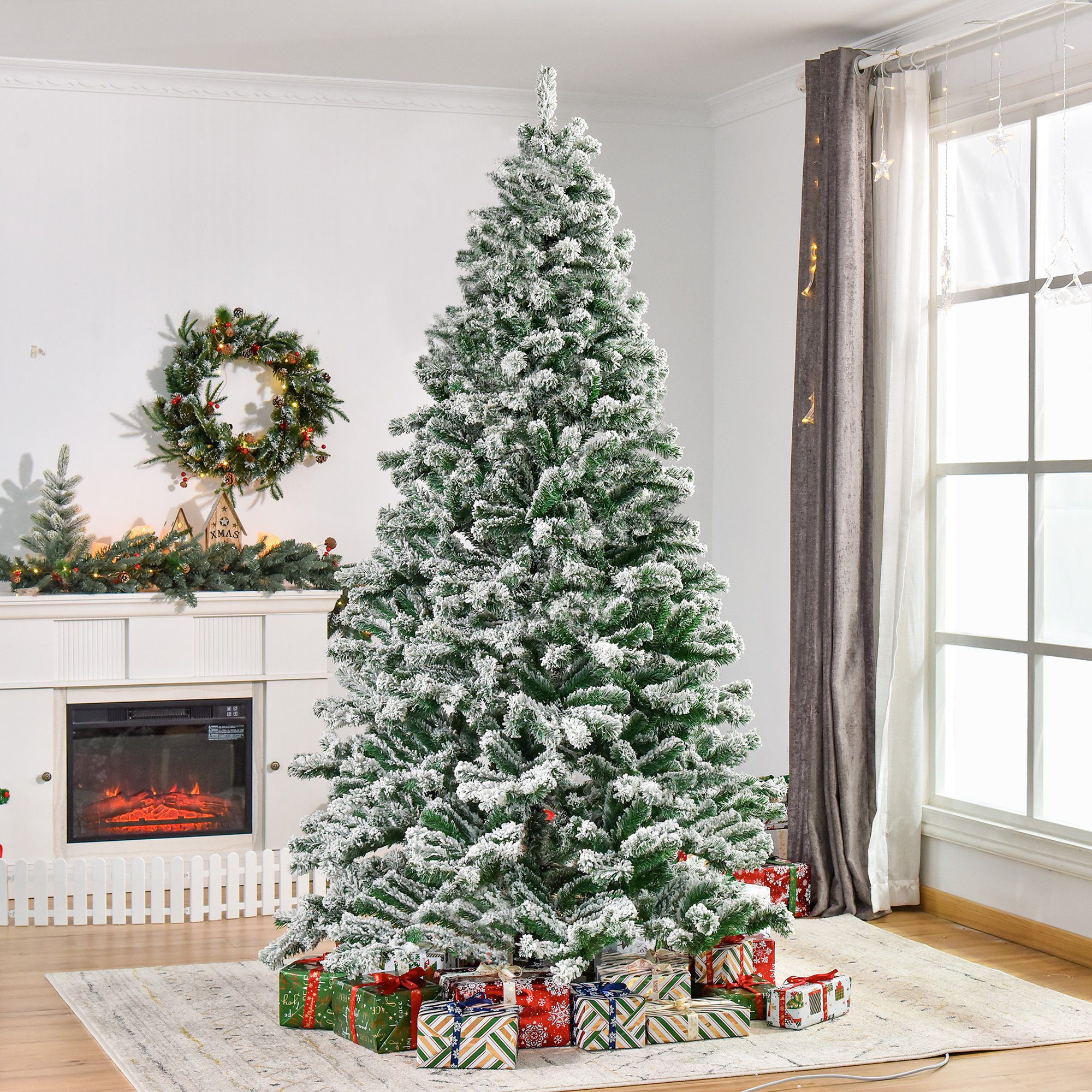 HOMCOM Árvore de Natal Ø140x225cm Neve Artificial com 1083 Pontas de PVC  Base Dobrável e Suporte de Metal Decoração de Natal para Interiores Verde e  Branco 225cm