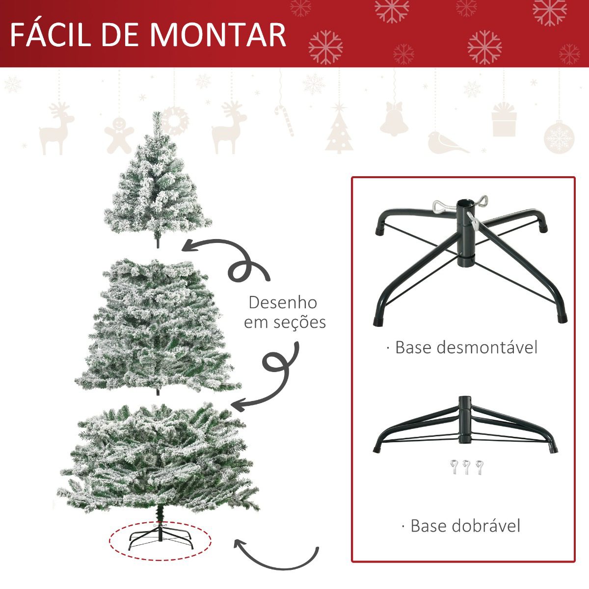 Árvore de natal artificial 180cm com 930 ramos de pvc 48 decorações  incluidas suporte metálico decoração de natal para interiores φ105x180cm  branco – ConforHome