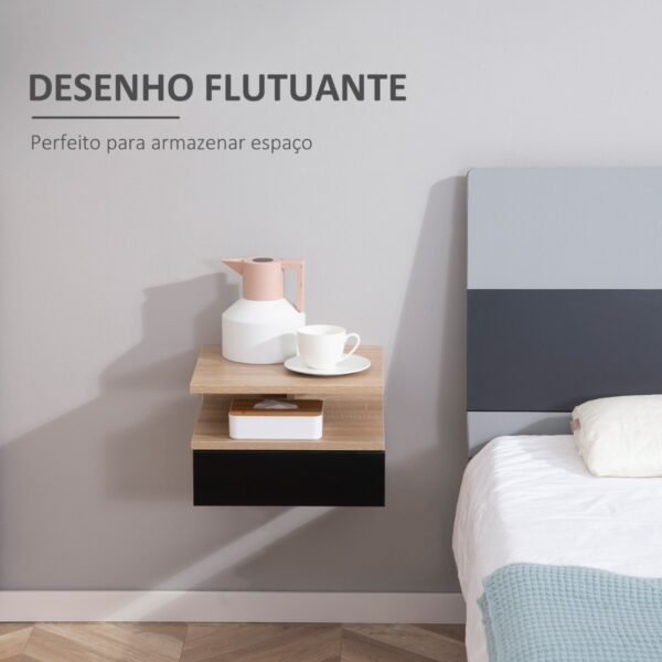 Conjunto de 2 mesas de cabeceira flutuante com 1 gaveta e prateleira aberta com desenho moderno montado na parede 35x32x22,5cm carvalho preto - Image 5