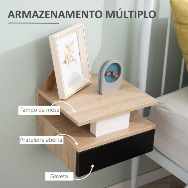 Conjunto de 2 mesas de cabeceira flutuante com 1 gaveta e prateleira aberta com desenho moderno montado na parede 35x32x22,5cm carvalho preto - Image 4