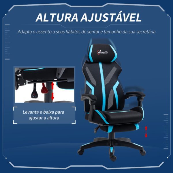 Cadeira de gaming com apoio para os pés retrátil cadeira de escritório reclinável com apoio para a cabeça e altura ajustável 65x65x119-129cm preto e azul - Image 4