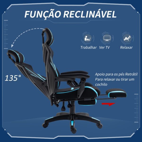 Cadeira de gaming com apoio para os pés retrátil cadeira de escritório reclinável com apoio para a cabeça e altura ajustável 65x65x119-129cm preto e azul - Image 5
