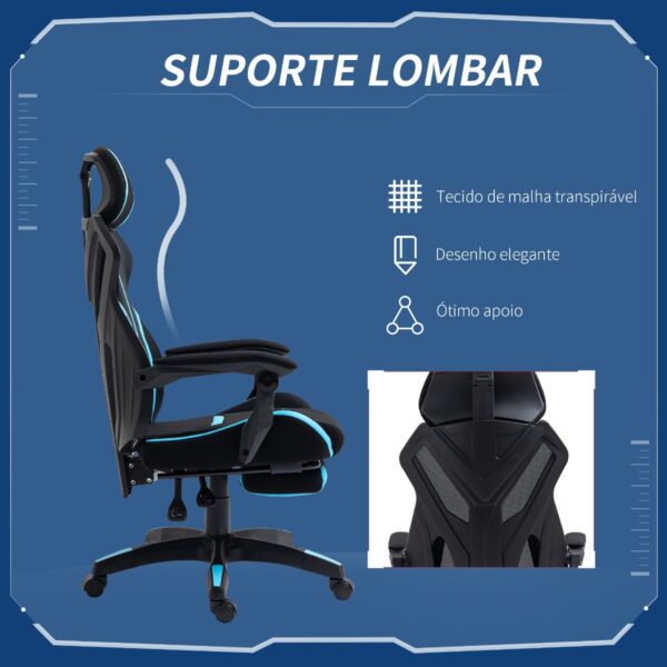 Cadeira de gaming com apoio para os pés retrátil cadeira de escritório reclinável com apoio para a cabeça e altura ajustável 65x65x119-129cm preto e azul - Image 6