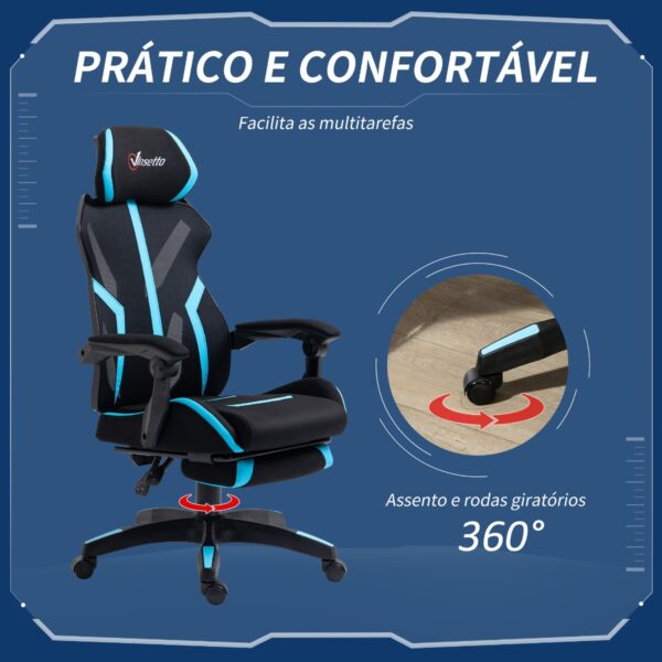 Cadeira de gaming com apoio para os pés retrátil cadeira de escritório reclinável com apoio para a cabeça e altura ajustável 65x65x119-129cm preto e azul - Image 7