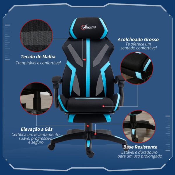 Cadeira de gaming com apoio para os pés retrátil cadeira de escritório reclinável com apoio para a cabeça e altura ajustável 65x65x119-129cm preto e azul - Image 8