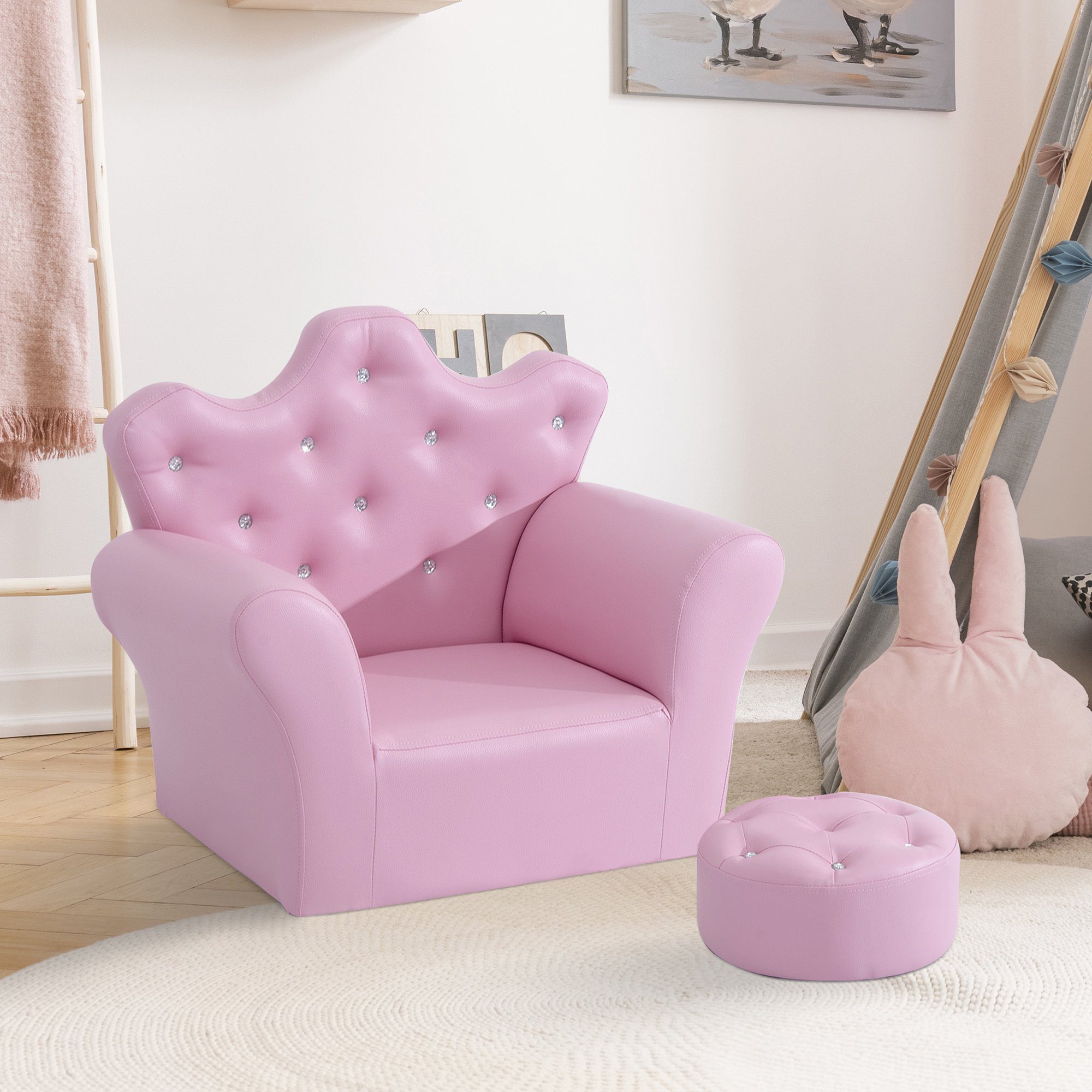 Sofá para crianças com banco encosto alto em forma de coroa e apoio para os  braços acolchoado 58x40,5x49cm rosa – ConforHome