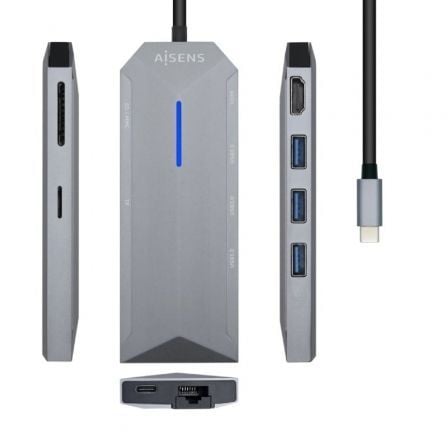 Docking USB 3.2 Tipo-C Aisens ASUC-8P004-GR/ 1 HDMI/ 3 USB/ 1 RJ45/ 1 Lector Tarjetas / USB PD/ Gris