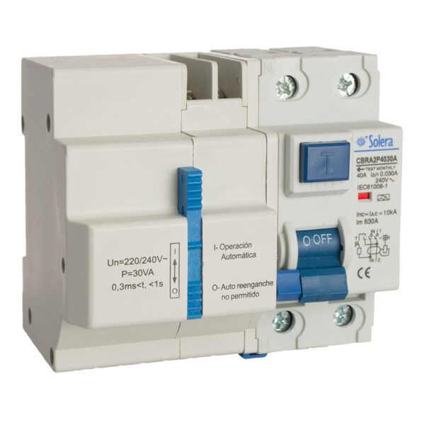 DISJUNTOR DIFERENCIAL 2P 40A 30mA AC C/REARME AUTOMÁTICO COM 3 TEMPOS (RETRACTILADO) SOLERA CBRA2P4030A
