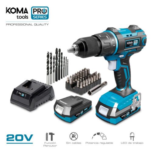KIT DE BROCA DE MARTELO/CHAVE DE FENDA DE 20V COM 2 BATERIAS DE 2.0A E CARREGADOR DE BATERIA 22,5x20,3cm PRO SERIES BATTERY KOMA TOOLS