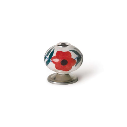 BLÍSTER COM 4 PUXADORES REDONDOS PARA MÓVEIS. FABRICADO EM PORCELANA E ACABAMENTO FLOR VERMELHO. MOD. E500 Ø40mm. REI