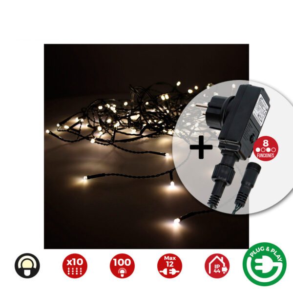 CORTINA COM PROGRAMADOR EASY-CONNECT BRANCO QUENTE 10 FAIXAS 100 LEDS IP44 2x1m EDM