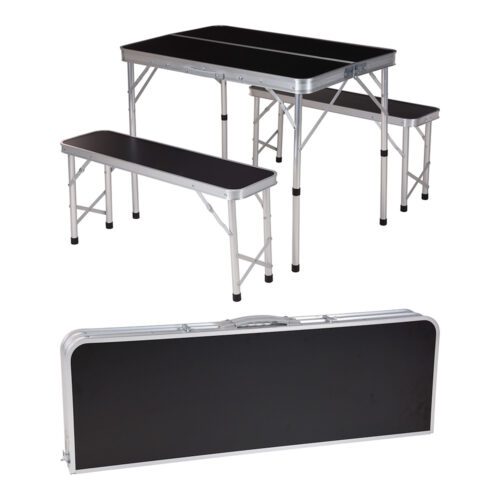 CONJUNTO DE CAMPISMO. MESA COM 2 BANCOS DE ALUMÍNIO. 90x60x70cm