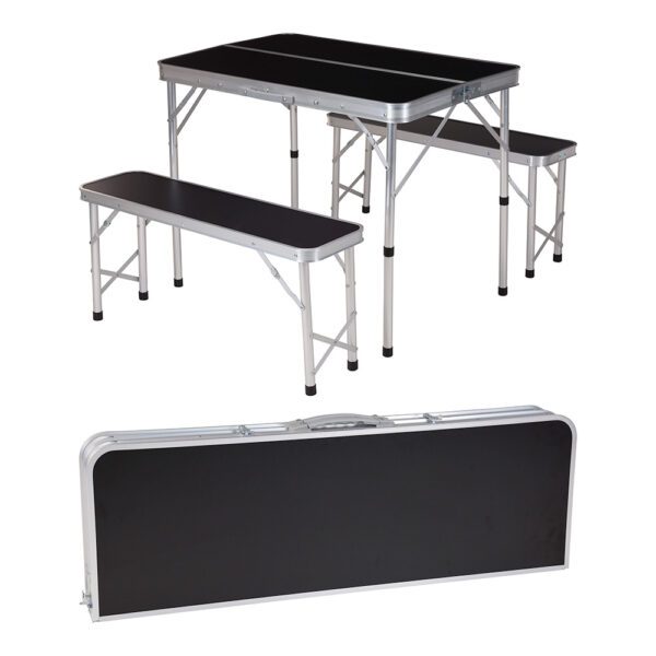 CONJUNTO DE CAMPISMO. MESA COM 2 BANCOS DE ALUMÍNIO. 90x60x70cm