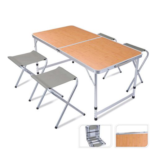 CONJUNTO DE ACAMPAMENTO. MESA COM 4 CADEIRAS DOBRÁVEIS DE ALUMÍNIO 120x60x70cm