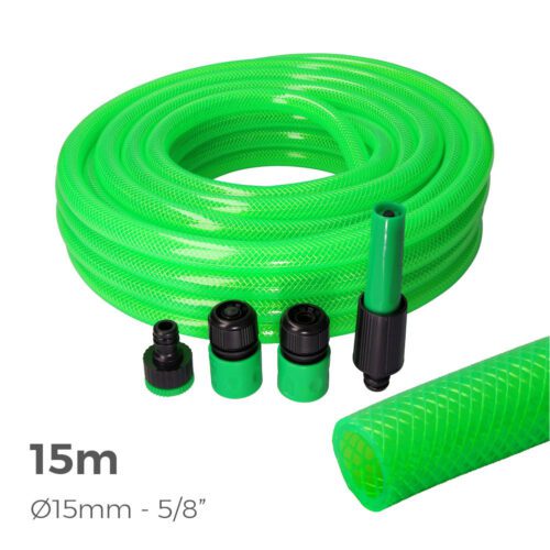 KIT MANGUEIRA DE JARDIM ANTI-TORÇÃO Ø INTERNO 15mm Ø EXTERIOR 20mm (5/8") - ROLO 15m COM ACESSÓRIOS EDM