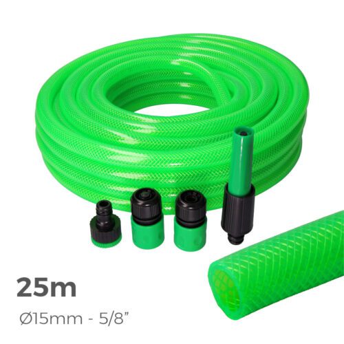 KIT MANGUEIRA DE JARDIM ANTI-TORÇÃO Ø INTERNO 15mm Ø EXTERIOR 20mm (5/8") - ROLO 25m COM ACESSÓRIOS EDM