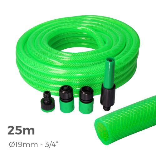 KIT MANGUEIRA DE JARDIM ANTI-TORÇÃO Ø INTERNO 19mm Ø EXTERIOR 25mm (3/4") - ROLO 25m COM ACESSÓRIOS EDM