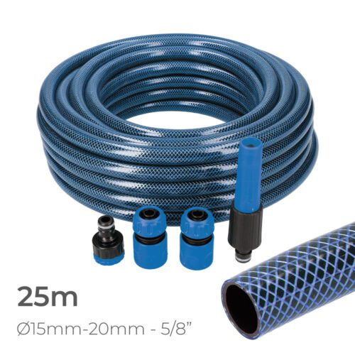 KIT MANGUEIRA DE JARDIM INTERIOR AZUL Ø15mm. EXTERIOR Ø20mm (5/8") ROLO 25m COM ACESSÓRIOS EDM