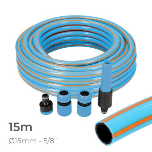 KIT DE MANGUEIRA DE JARDIM PROFISSIONAL INTERIOR Ø15mm EXTERIOR Ø20mm (5/8") 15m COM ACESSÓRIOS PVC EDM