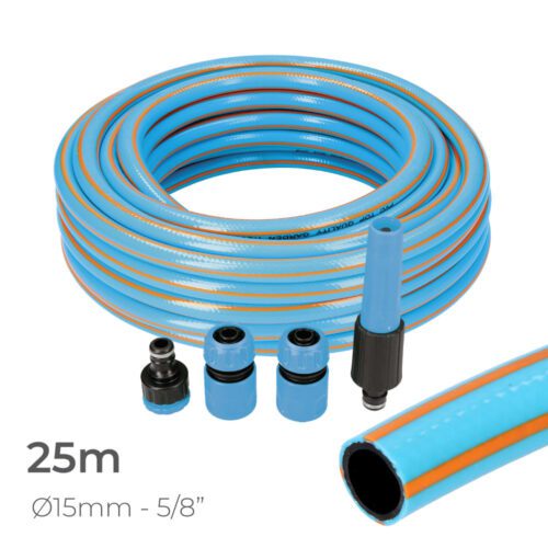 KIT DE MANGUEIRA DE JARDIM PROFISSIONAL INTERIOR Ø15mm EXTERIOR Ø20mm (5/8") 25m COM ACESSÓRIOS PVC EDM