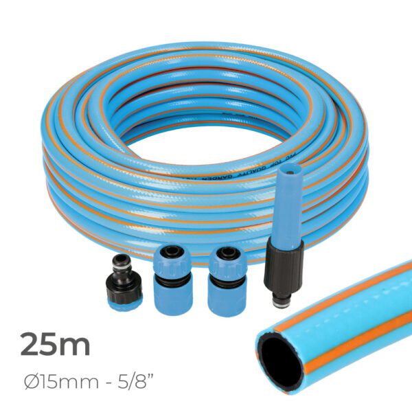 KIT DE MANGUEIRA DE JARDIM PROFISSIONAL INTERIOR Ø15mm EXTERIOR Ø20mm (5/8") 25m COM ACESSÓRIOS PVC EDM
