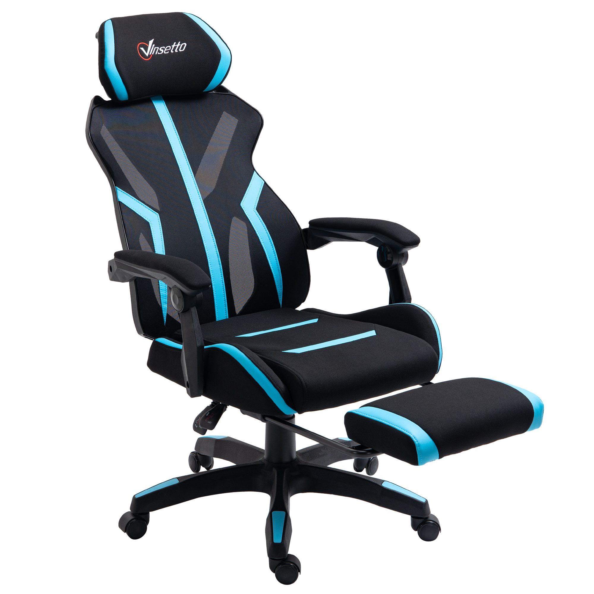 Cadeira de gaming com apoio para os pés retrátil cadeira de escritório reclinável com apoio para a cabeça e altura ajustável 65x65x119-129cm preto e azul