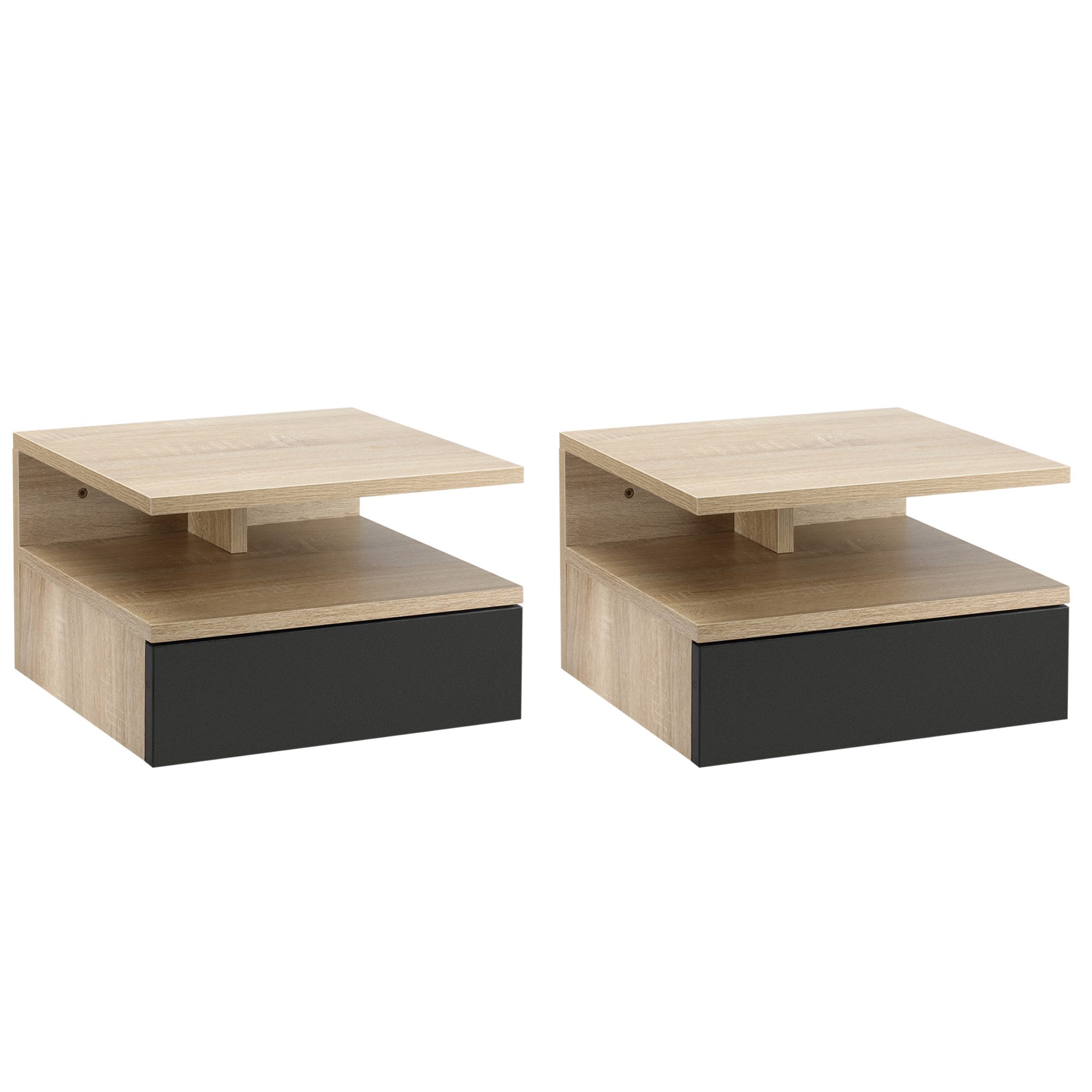Conjunto de 2 mesas de cabeceira flutuante com 1 gaveta e prateleira aberta com desenho moderno montado na parede 35x32x22,5cm carvalho preto