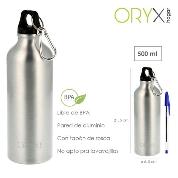 Botella de Agua Aluminio Con mosqueton, Cierre hermetico 500 ml. - Image 2
