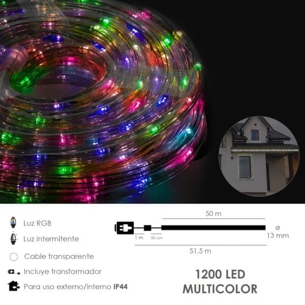 Luces Navidad Tubo Luz Multicolor 1200 LEDs Uso Exteriores / Interiores Protección IP44 Rollo 50 Metros Con 3 Kits de división - Image 2