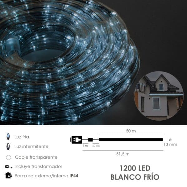 Luces Navidad Tubo Luz Blanca Fria 1200 LEDs Para Exteriores / Interiores Protección IP44 Rollo 50 Metros Con 3 Kits de división - Image 2