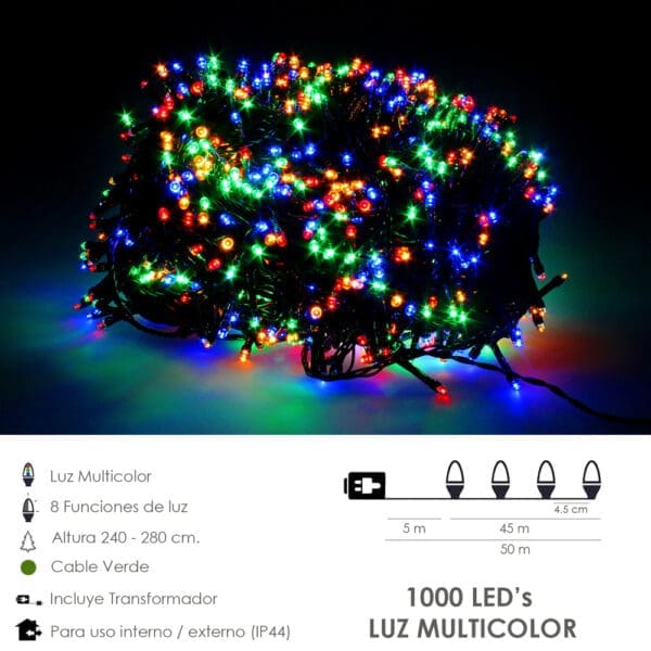 Guirnalda Luces Navidad 1000 Leds Multicolor. Luz Navidad Interiores y Exteriores Ip44 - Image 2