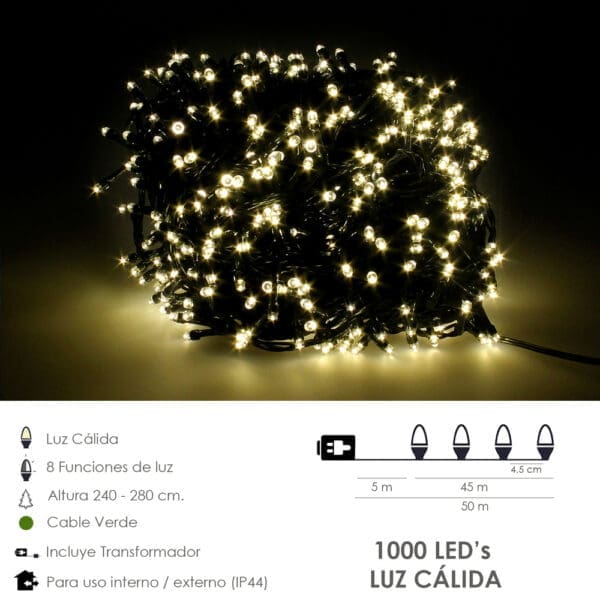 Guirnalda Luces Navidad 1000 Leds Color Blanco Calido. Luz Navidad Interiores y Exteriores Ip44 - Image 2