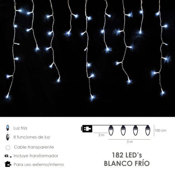 Guirnalda Luces Navidad Cortina 5x1 Metros 182 Leds Blanco Frio. Luz Navidad Interiores y Exteriores Ip44. Cable Transparente - Image 2