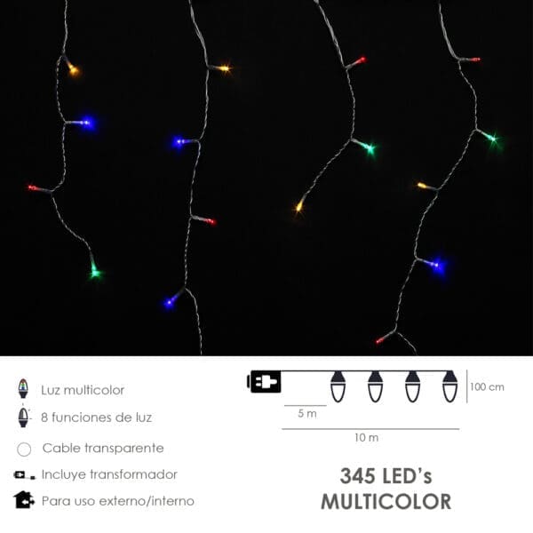 Guirnalda Luces Navidad Cortina 10x1 Metros 345 Leds Multicolor. Luz Navidad Interiores y Exteriores Ip44. Cable Transparente - Image 2