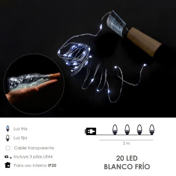Luces Navidad Guirnalda Led con Tapon 20 Microled Blanco Frio IP20. A Pilas 3 LR44 (Si Incluidas) - Image 2