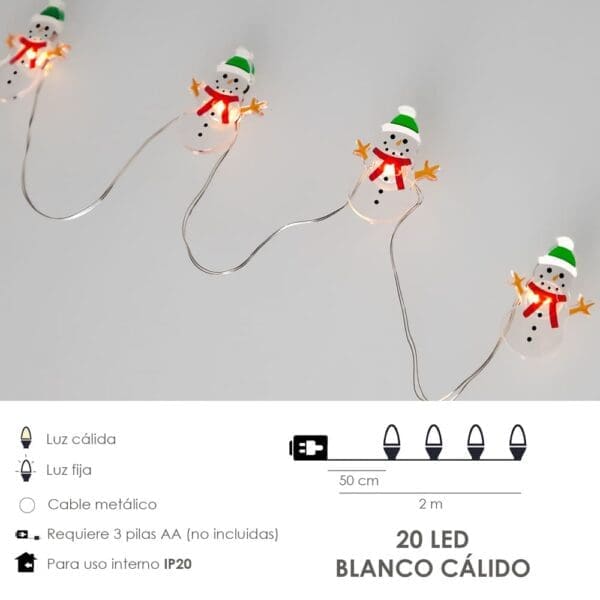 Guirnalda Luces Navidad A Pilas 20 Leds Muñecos de Nieve. Luz Calida Uso Interno IP20 - Image 2