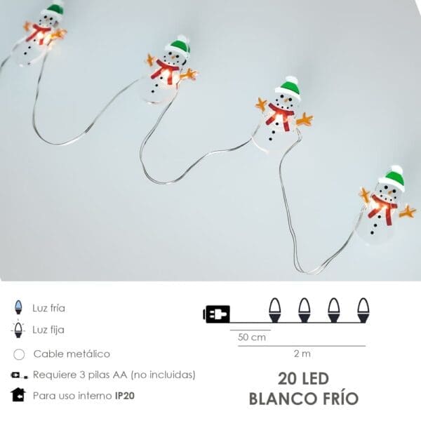 Guirnalda Luces Navidad A Pilas 20 Leds Muñecos de Nieve. Luz Fria Uso Interno IP20 - Image 2