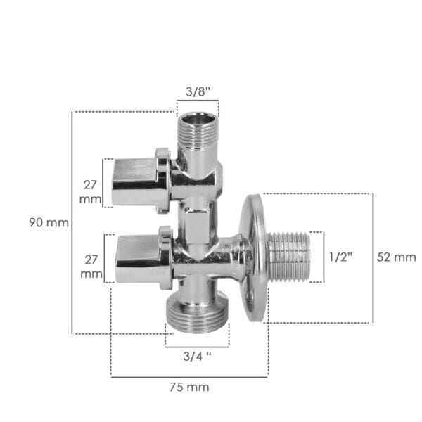 Llave De Escuadra Doble Salida 3/4" y 3/8". Entrada De 1/2". Llave De Paso Doble, Llave Angular Doble, Toma Lavadora Doble. - Image 2