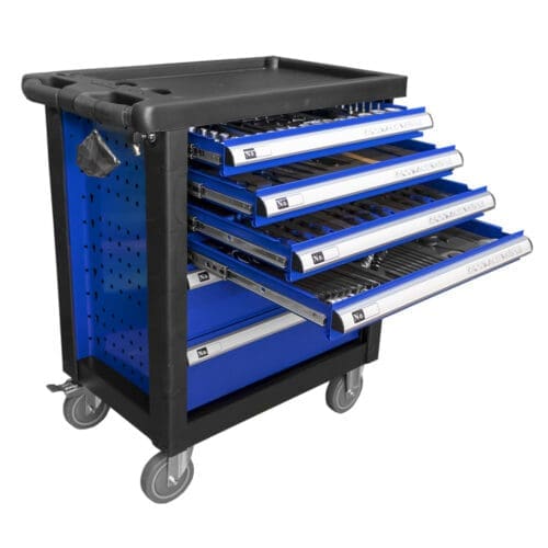 CARRINHO DE FERRAMENTAS DE 6 GAVETAS AZUL COM EQUIPAMENTO