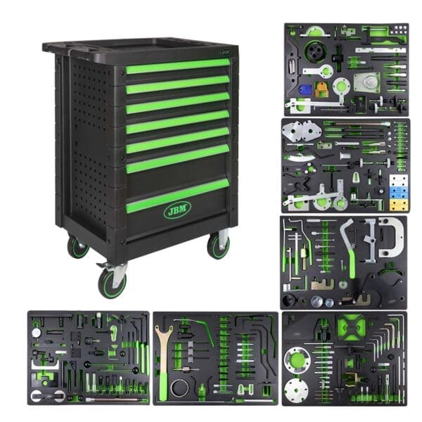 CARRINHO DE FERRAMENTAS COM 7 GAVETAS VERDE - KIT DE SINCRONIZAÇÃO INCLUÍDO