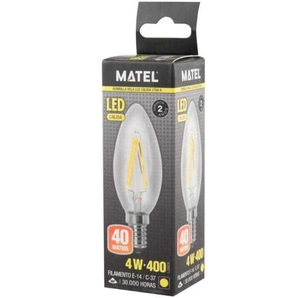 LÂMPADA LED VELA FILAMENTO MATEL C37 E14 4W QUENTE CLARA - Image 2
