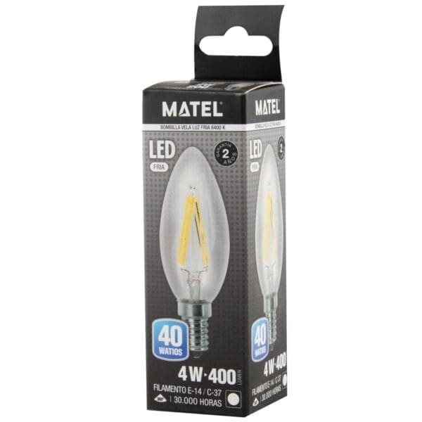 LÂMPADA LED VELA FILAMENTO MATEL C37 E14 4W FRIA CLARA - Image 2