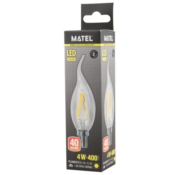 LÂMPADA LED CHAMA FILAMENTO MATEL C37 E14 4W QUENTE CLARA - Image 2