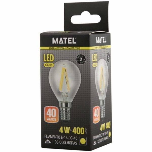 LÂMPADA LED FILAMENTO ESFÉRICA MATEL G45 E14 4W QUENTE CLARA - Image 2
