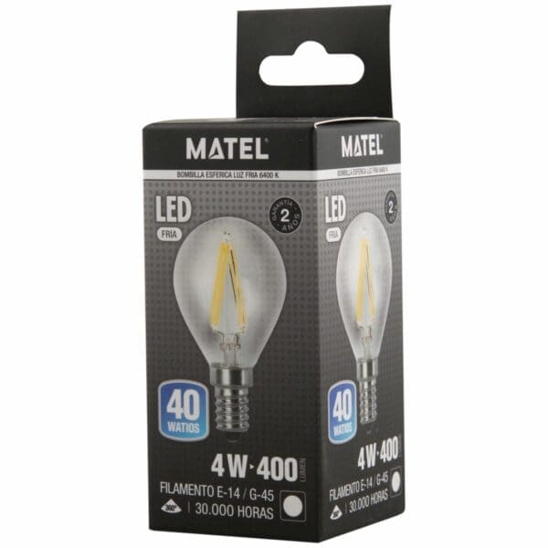 LÂMPADA LED FILAMENTO ESFÉRICA MATEL G45 E14 4W FRIA CLARA - Image 2