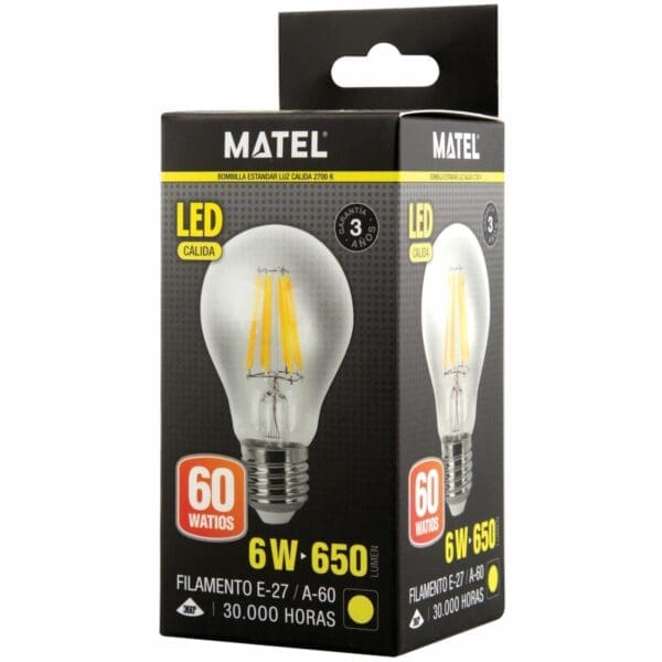 LÂMPADA LED FILAMENTO PADRÃO MATEL E27 A60 6W QUENTE CLARA - Image 2